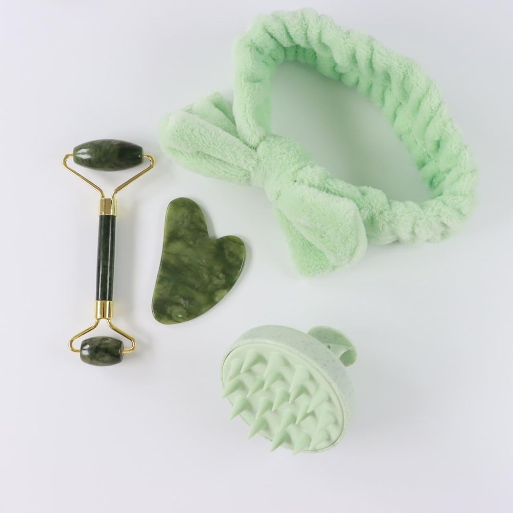 4-Pcs Jade Roller and Gua Sha Set, Jade Roller for Face, Gua Sha, Jade Roller, Gua Sha Stone, Head Band, and Head Brush
