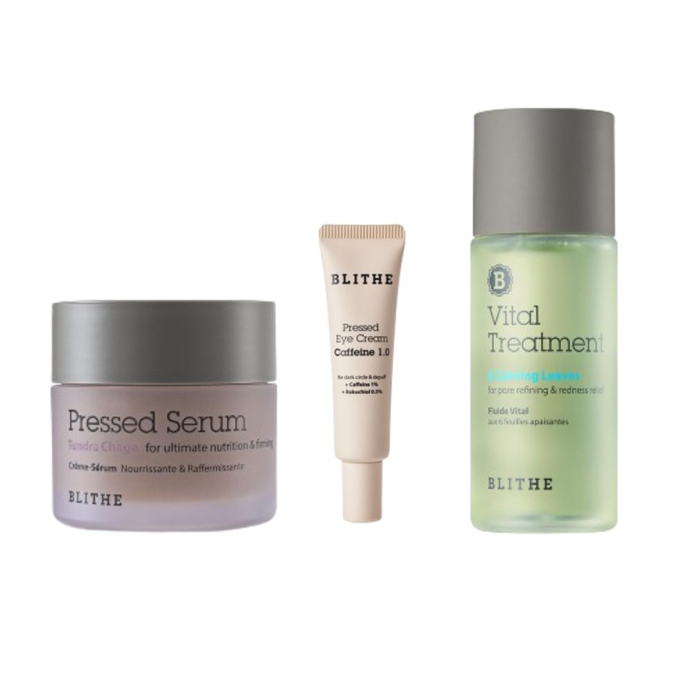BLITHE Skin Care Solution Bundle  Caffeine Eye Cream, Pressed Serum Tundra Chaga, Vital Treatment 6 Calming Leaves