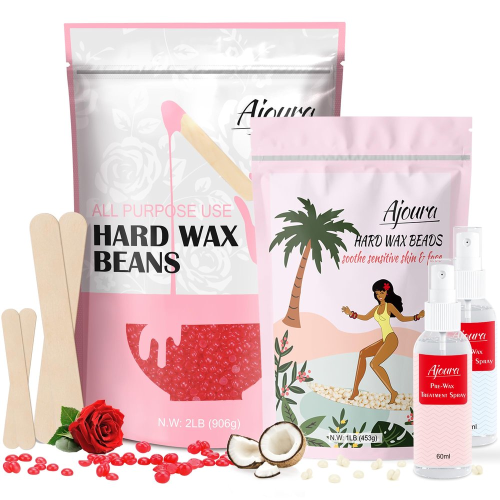 Ajoura 1 lb cream hard wax beads+ 2 lb rose hard wax beans for hair removal Refill Bag for Brazilian Bikini, Face, Eyebrows, Underarms, Arms, Chest, Back, Legs, Women Men