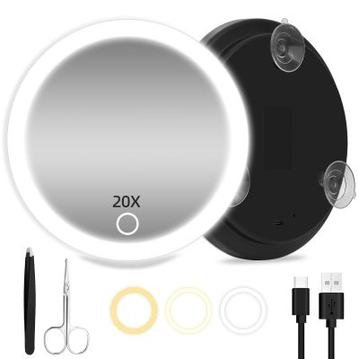 20X Magnifying Mirror with Light, Large 6'' Makeup 20X Magnification, Travel Magnified Mirror with 3 Color Lights & Suction Cups, with Tweezers and Scissors - Perfect for Makeup & Close-Up Tasks
