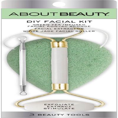 About Beauty DIY Facial Kit - 3 Salon Quality Beauty Tools, Includes Green Tea Konjac Sponge, Facial Extractor and Facial Roller, Exfoliate, Stimulate & Extract Your Skin at Home