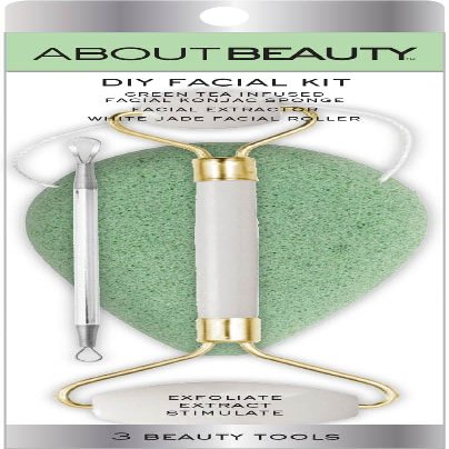 About Beauty DIY Facial Kit - 3 Salon Quality Beauty Tools, Includes Green Tea Konjac Sponge, Facial Extractor and Facial Roller, Exfoliate, Stimulate & Extract Your Skin at Home