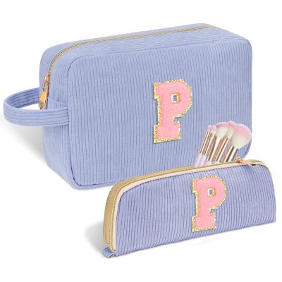 Sernaxi Personalized Initial Makeup Bag Trendy Stuff Corduroy Cosmetic Bag Travel Toiletry Bag, Valentines Day Gift Makeup Organizer Case & Makeup Pouch for Women Teen Girls Mom Girlfriend Wife