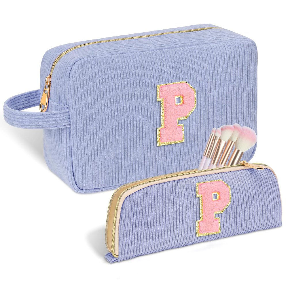 Sernaxi Personalized Initial Makeup Bag Trendy Stuff Corduroy Cosmetic Bag Travel Toiletry Bag, Valentines Day Gift Makeup Organizer Case & Makeup Pouch for Women Teen Girls Mom Girlfriend Wife
