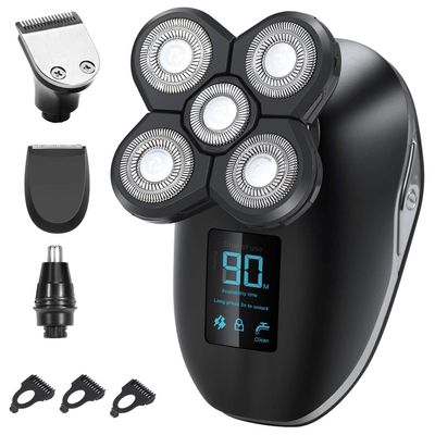 Head Shavers for Bald Men, 5in1 Digital Display Wet Dry Electric Shaver Men Bald Shaving Machine Beard Hair Trimmer Body Facial Electric Razor Rechargeable (Color : Silver)