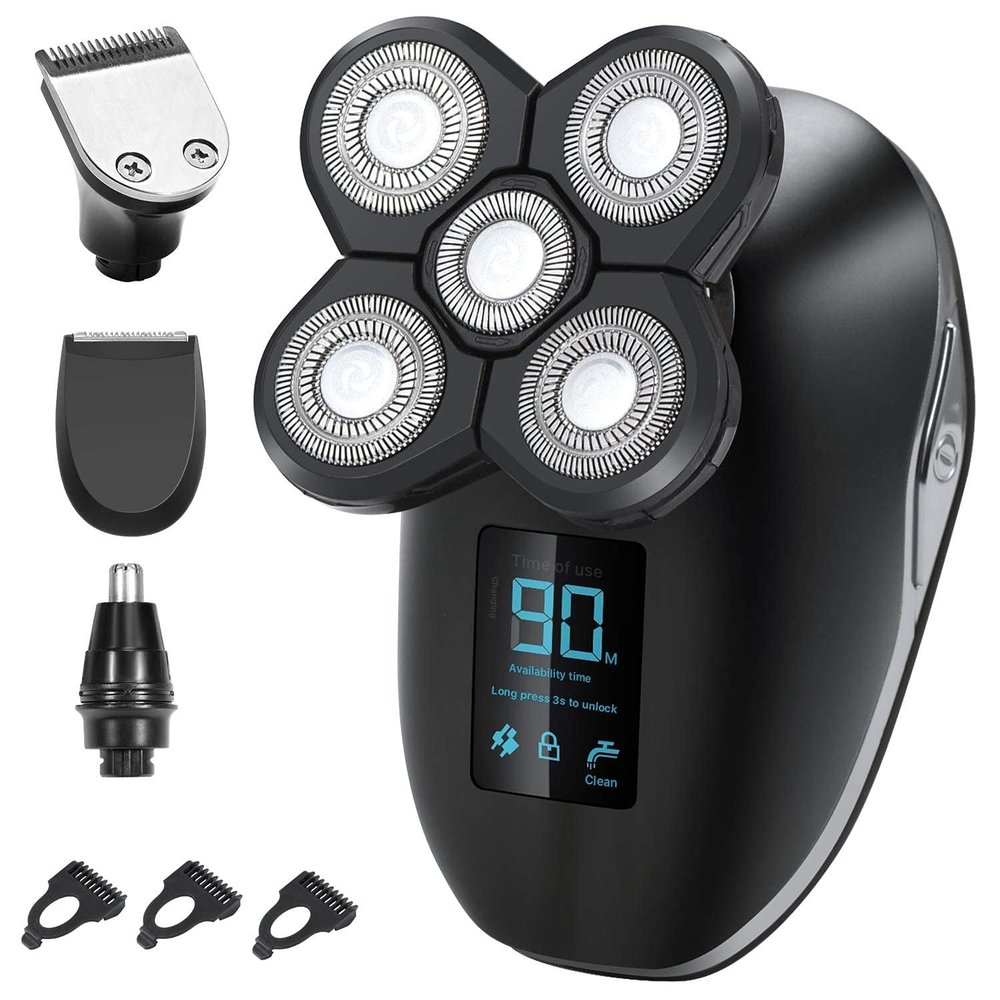 Head Shavers for Bald Men, 5in1 Digital Display Wet Dry Electric Shaver Men Bald Shaving Machine Beard Hair Trimmer Body Facial Electric Razor Rechargeable (Color : Silver)