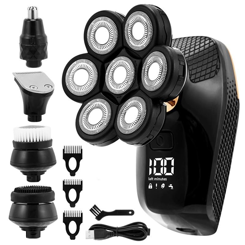 WTCBQC Head Shavers for Bald Men, 5-in-1 Men's Electric Shaver 7 Blades Floating Head IPX6 Waterproof LCD Screen Rechargeable Bald Nose Hair Trimmer for Men Kit