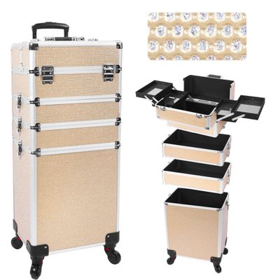 CHUANGJIN Professional Rolling Makeup Case with Wheels, 5-in-1 Makeup Train Case, Cosmetic Makeup Trolley Cart Travel Cosmetology Case On Wheels with Key for Hairstylists, Nail Tech (Gold Crystal)