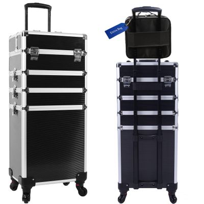 CHUANGJIN 5 in 1 Professional Makeup Train Case Aluminum Cosmetic Case Rolling Makeup Case ExtraLarge Storage Organizer with Key Swivel Wheels Salon Barber Case for Make Up Nail Hairstylists, Black