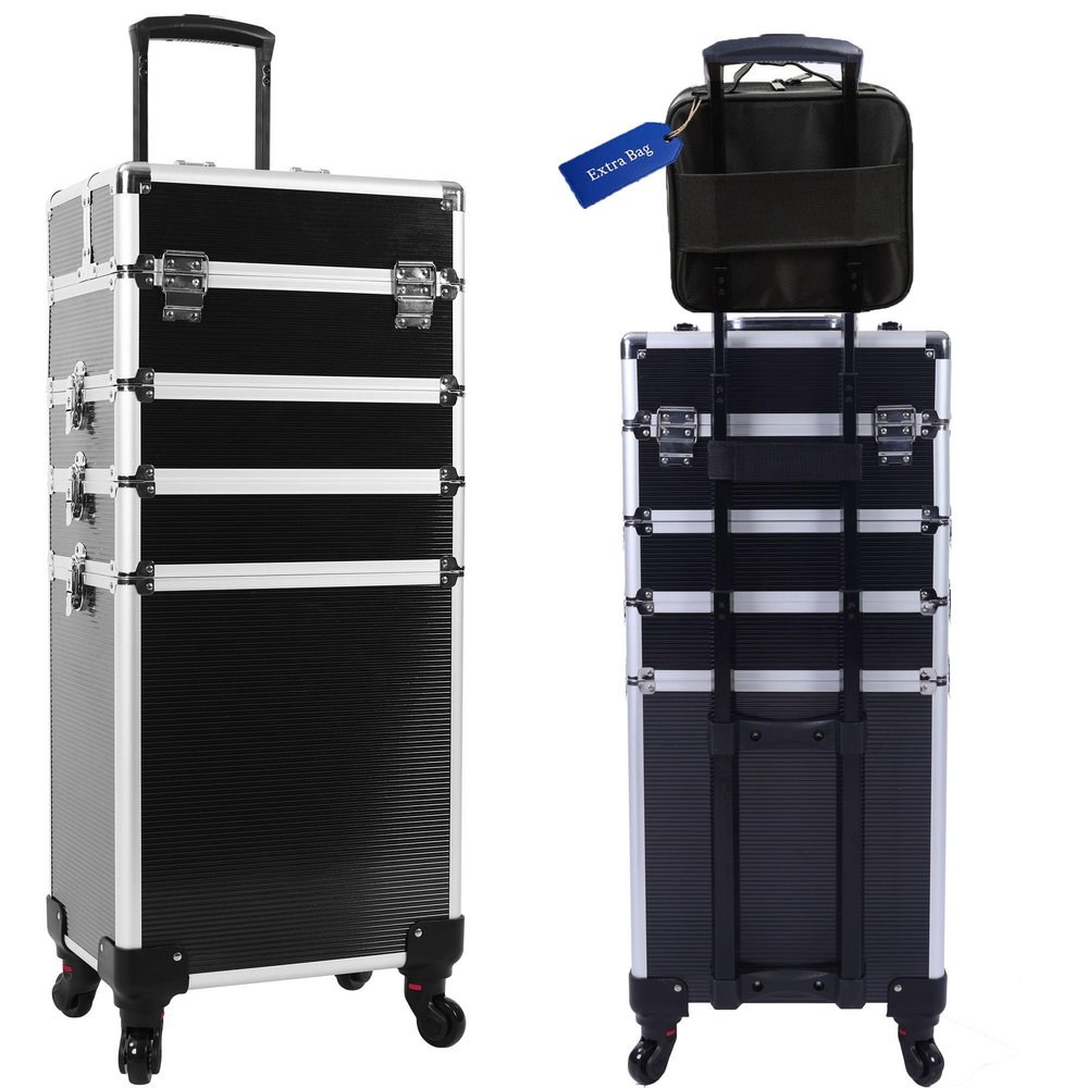 CHUANGJIN 5 in 1 Professional Makeup Train Case Aluminum Cosmetic Case Rolling Makeup Case ExtraLarge Storage Organizer with Key Swivel Wheels Salon Barber Case for Make Up Nail Hairstylists, Black