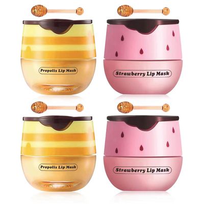 4 Pcs Honey Lip Balm, Strawberry Apple Lip Mask, Moisturizing Lip Sleeping Mask, Hydrate Repair Prevent Dry Cracked Lip (2 Pack Strawberry + 2 Pack Honey)