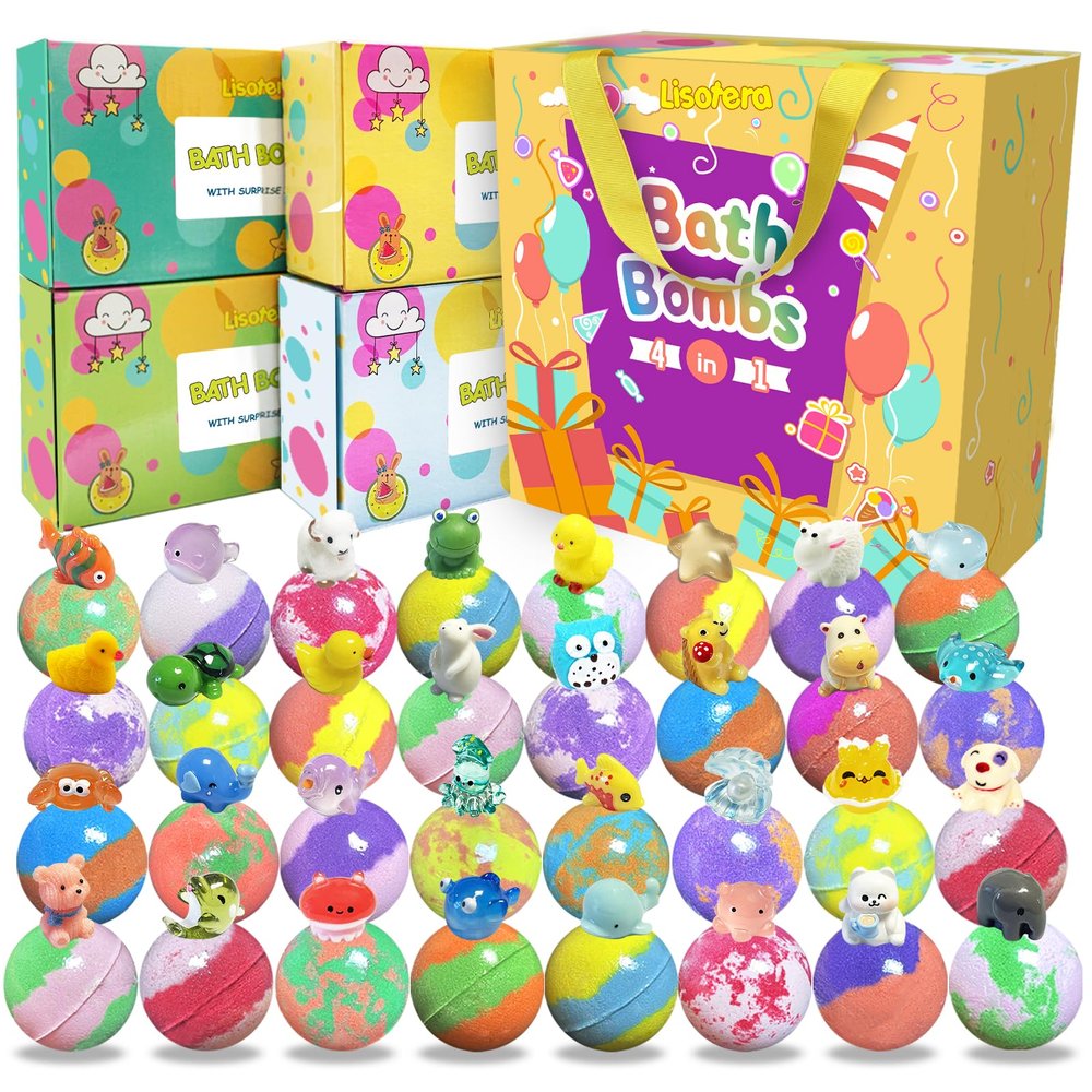Bath Bombs for Kids with Surprise Inside, 32 Pack Bath Bombs with Land & Sea Animal Toys, Handmade Fizzy Bubble Children Bath Ball Gift Set for Kids Christmas, Birthday, Stocking Stuffers for Girl Boy