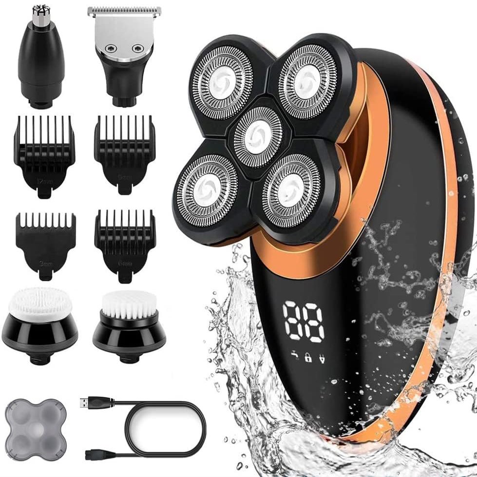 Head Shavers for Bald Men, 5 in 1 Wet Dry Electric Shaver for Men Beard Hair Trimmer Electric Razor Rechargeable Bald Shaving Machine LCD Display Grooming kit