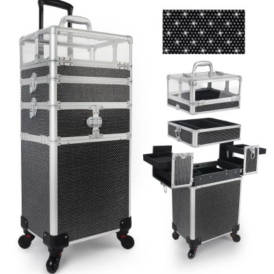 CHUANGJIN 4 in 1 Rolling Makeup Train Case Professional Cosmetic Trolley Cart Travel Nail Cart Organizer with Wheels Transparent Acrylic Panel for Makeup Hair Stylists Nail Tech (Black Crystal)