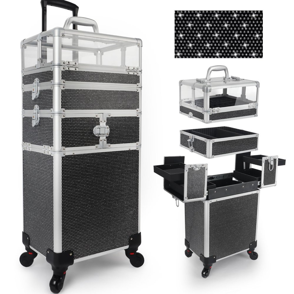 CHUANGJIN 4 in 1 Rolling Makeup Train Case Professional Cosmetic Trolley Cart Travel Nail Cart Organizer with Wheels Transparent Acrylic Panel for Makeup Hair Stylists Nail Tech (Black Crystal)