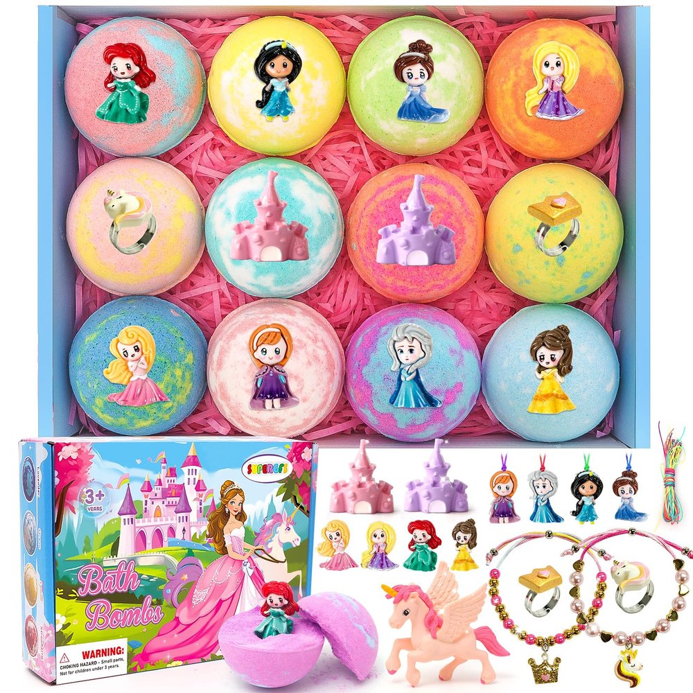 Bath Bombs for Kids with Surprise Inside Princess Toys Natural Bath Bombs Handmade Spa Organic Bubble Bath Bomb Bath Fizzy with Jewelry Set Girls Birthday Christmas Gift