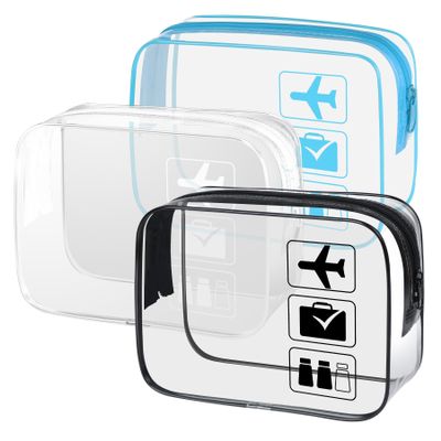 3Pcs TSA Approved Toiletry Bag, Clear Travel Toiletry Bag, Clear Makeup Bag, Waterproof Travel Makeup Cosmetic Bag, Carry On Airport Airline Quart Size Travel Bag for Women Men (Black+White+Blue)