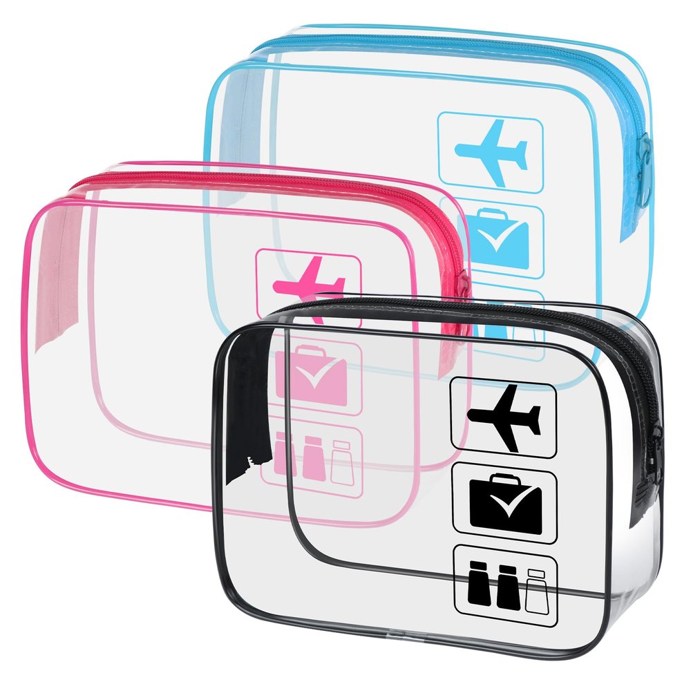 3Pcs TSA Approved Toiletry Bag, Clear Travel Toiletry Bag, Clear Makeup Bag, Waterproof Travel Makeup Cosmetic Bag, Carry On Airport Airline Quart Size Travel Bag for Women Men (Black+Pink+Blue)