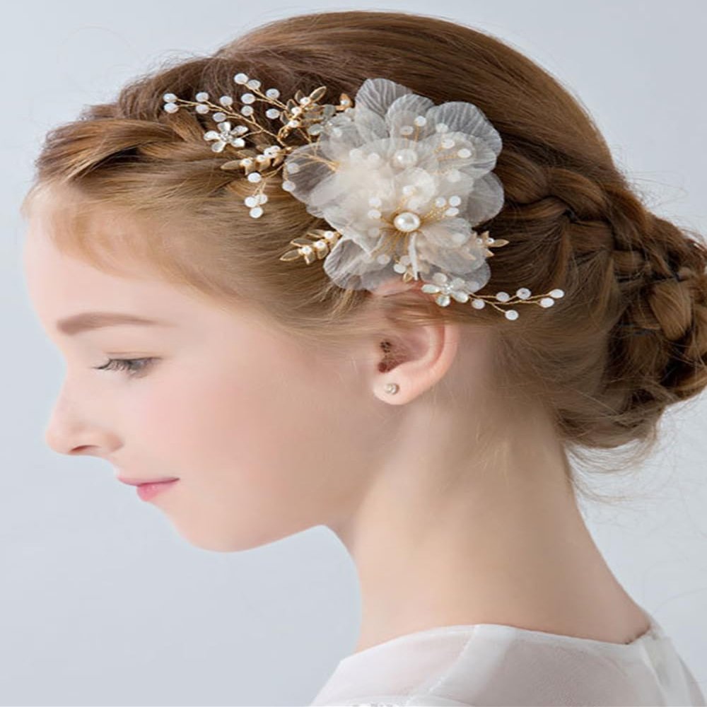 BERYUAN Flower Girls White Hair Comb with Gold Leaves, Pearls and Floral Accents for Bride, Bridesmaid, or Wedding Headpiece