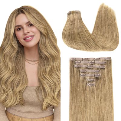 GOO GOO Clip in Hair Extensions Real Human Hair, Remy Human Hair Extensions Clip ins for Women, Natural Human Hair, 24inch 160g 7Pcs, 7 Bronde