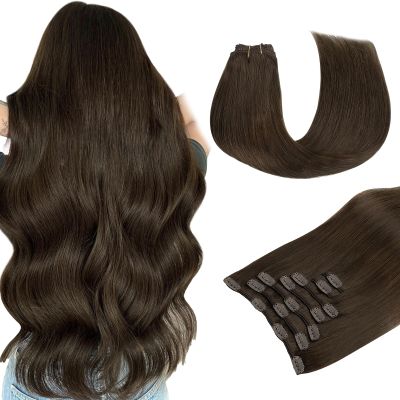 MAXITA Clip in Hair Extensions Real Human Hair, Remy Human Hair Clip in Extensions for Women, Natural Human Hair, 14inch 120g 7Pcs, Caramel Brown