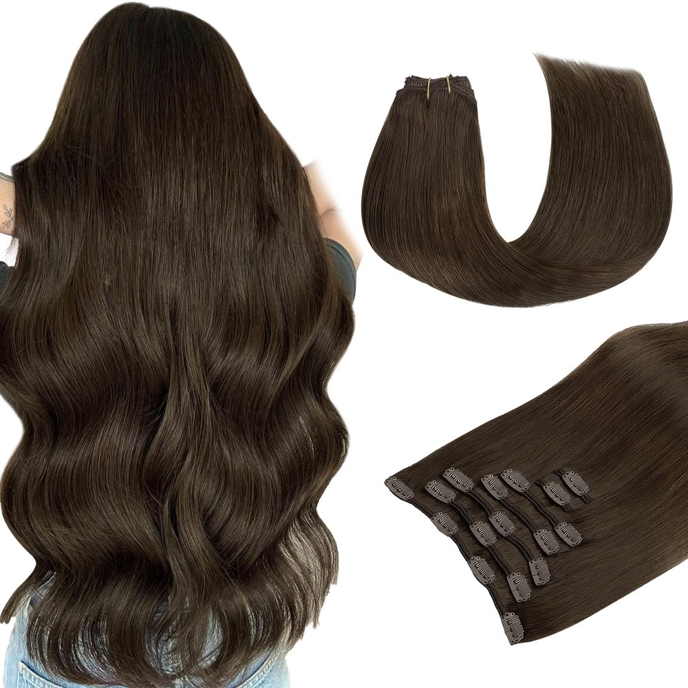 MAXITA Clip in Hair Extensions Real Human Hair, Remy Human Hair Clip in Extensions for Women, Natural Human Hair, 14inch 120g 7Pcs, Caramel Brown