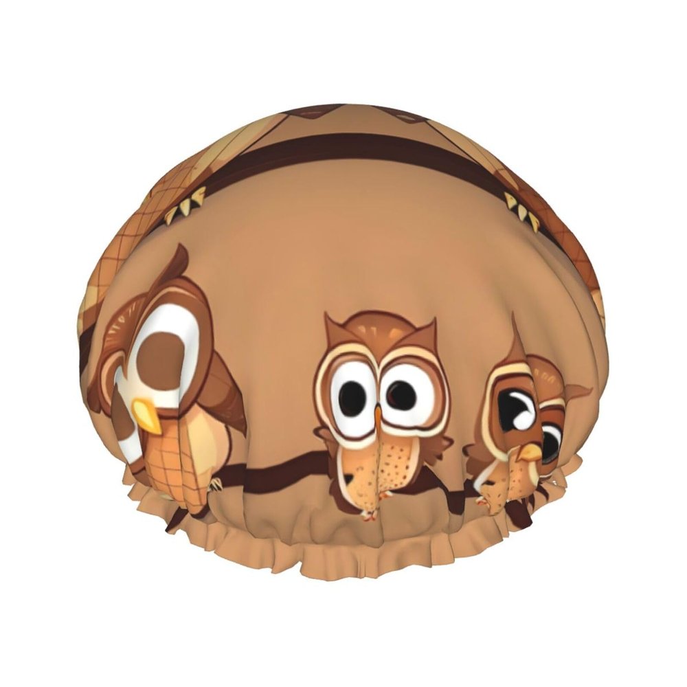 Cute Big Brown Cartoon Owls Stylish And Functional Double-Layer Shower Cap - Reusable And Cute Elastic Bath Cap