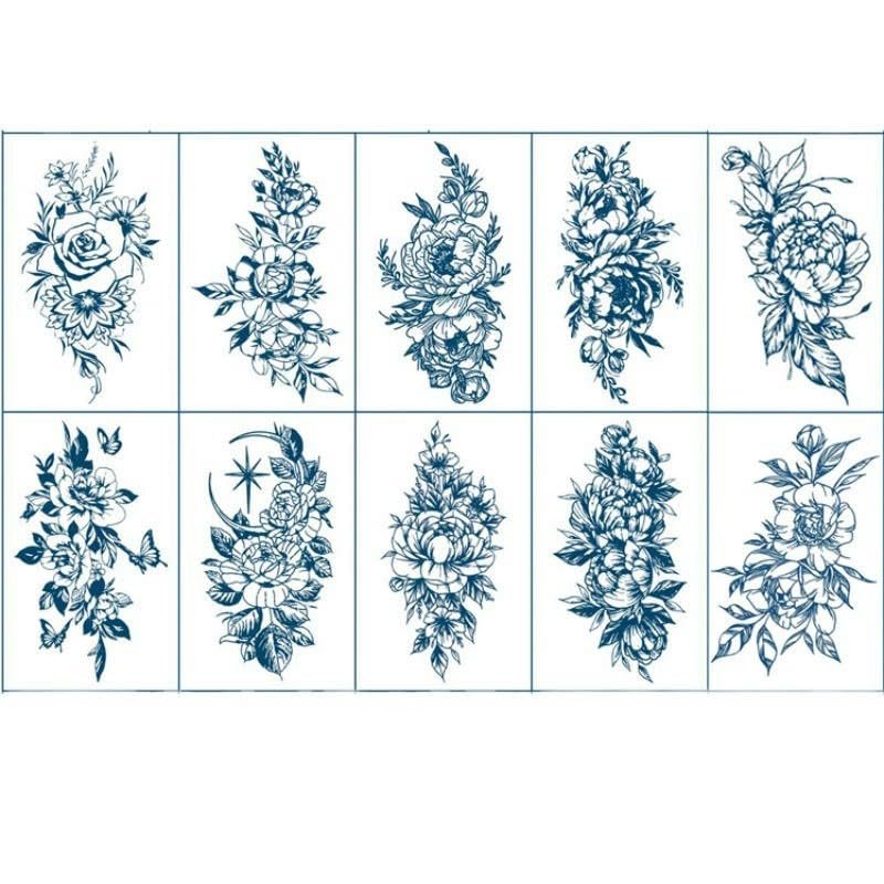 10 Large Flower Herbal Temporary Tattoo Fake Tattoo Stickers On Chest Sexy Semi-Permanent Simulation Waterproof Non-Reflective For Women Lasting For Two Weeks