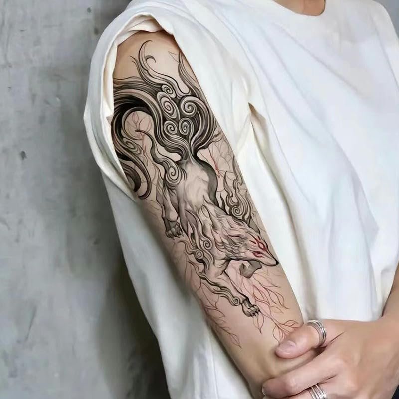 2 Pictures Of Nine-Tailed Fox Demon Juice Herbal Temporary Tattoo Fake Tattoo Arm Waterproof Semi-Permanent Flower Arm For Men And Women Lasting For Two Weeks