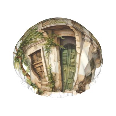 Antique Building With Roman Olive Branch And Greek Stylish And Functional Double-Layer Shower Cap - Reusable And Cute Elastic Bath Cap