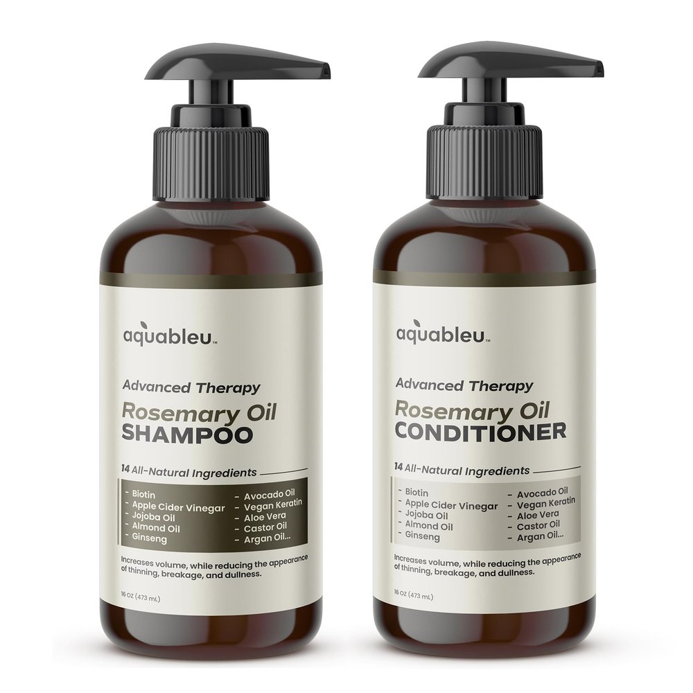 Aquableu Advanced Therapy Anti-Thinning Rosemary Oil Shampoo & Conditioner Set - Infused with 14 All-Natural Ingredients for Volume, Strength, Thickness, and Dullness Reduction (16oz)