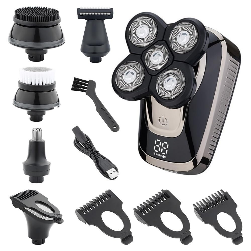 Head Shaver for Men, 5 in 1 Bald Head Shaver Electric Razor for Men LED Display Nose Hair Beard Trimmer Clippers Facial Cleansing Brush USB Rechargeable