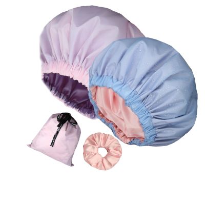 2Pcs Genergy Satin lined Shower Cap ReusableLuxury Waterproof Extra Large Shower Caps Adjustable, Double Layers &Reversible Satin Bonnet Shower Cap for Women(light blue + pink)