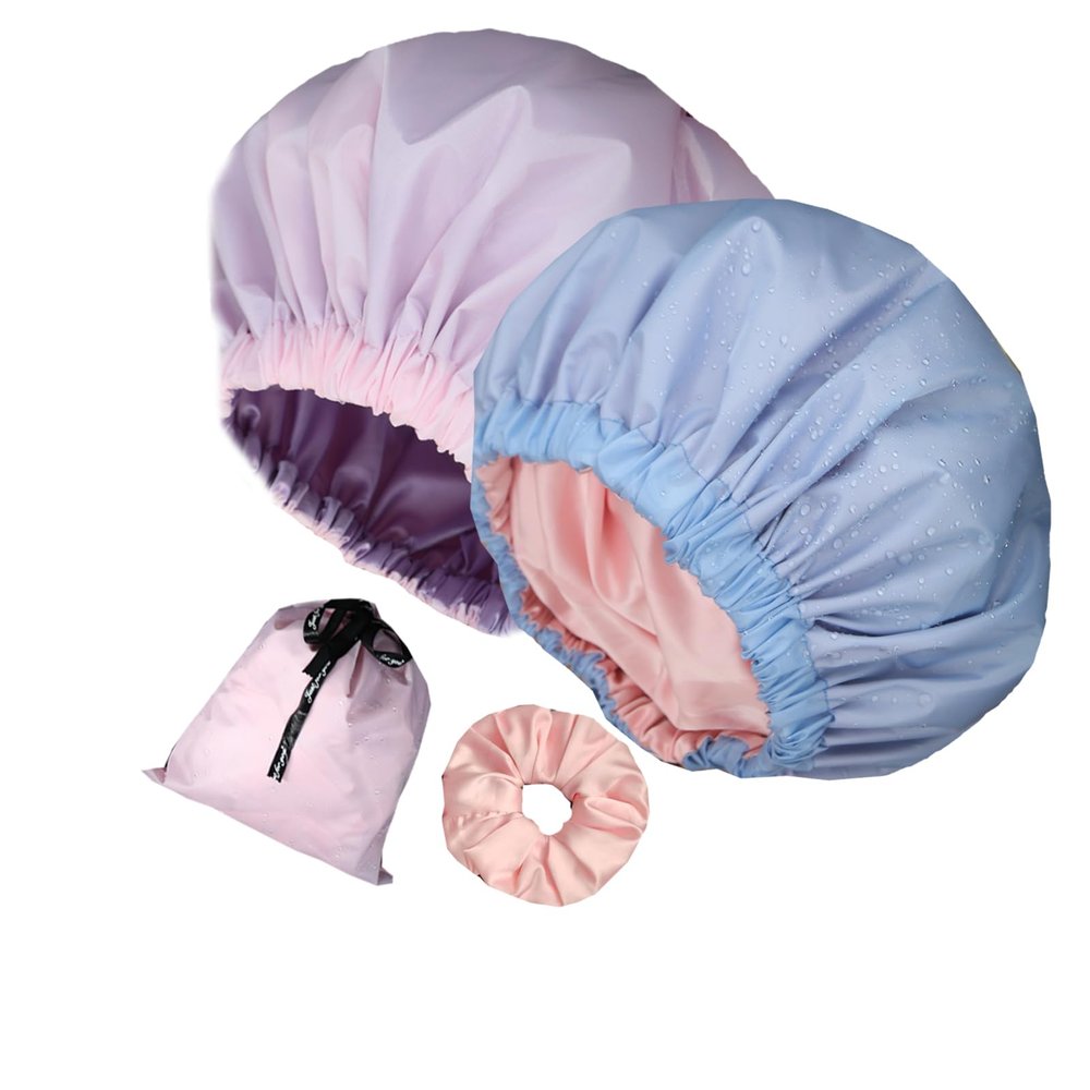 2Pcs Genergy Satin lined Shower Cap ReusableLuxury Waterproof Extra Large Shower Caps Adjustable, Double Layers &Reversible Satin Bonnet Shower Cap for Women(light blue + pink)