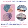 2Pcs Genergy Satin lined Shower Cap ReusableLuxury Waterproof Extra Large Shower Caps Adjustable, Double Layers &Reversible Satin Bonnet Shower Cap for Women(light blue + pink) view 3
