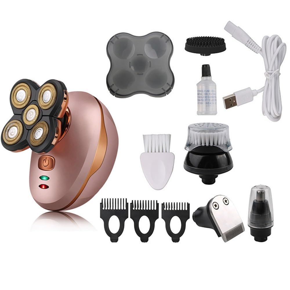 Head Shaver for Men, 5 in 1 Electric Shaver 5 Head Razor Bald Beard Hair Skull Men's Shaver Rechargeable Electric Razor Beard Trimmer Shaving Machine (Color : Rose Gold B)