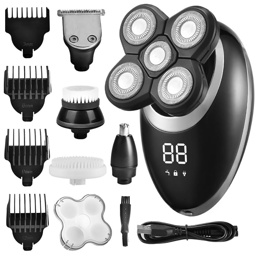 WTCBQC Head Shaver for Men, 5 in 1 IPX7 Waterproof Electric Shaver Razor for Men Beard Hair Trimmer Rechargeable Bald Head Shaving Machine LCD Display Grooming Kit (Color : Silver)