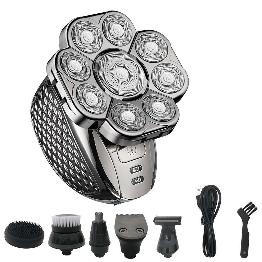 WTCBQC Head Shaver for Men, 6 in 1 Men's Bald Head Electric Shaver 9 Blades Floating Heads Beard Nose Ear Hair Trimmer Clipper Facial Brush Rechargeable Razor