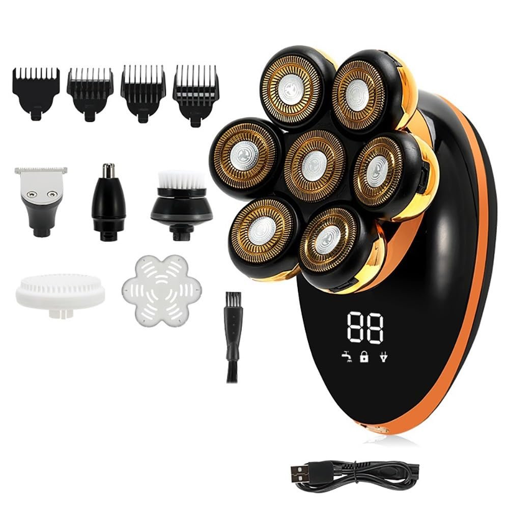 WTCBQC Head Shaver for Men, 5 in 1 7D Rechargeable Bald Head Shavers Kit for Men USB LED Display Electric Razor Heads Beard Ear Nose Hair Facial Trimmer (Color : Golden)