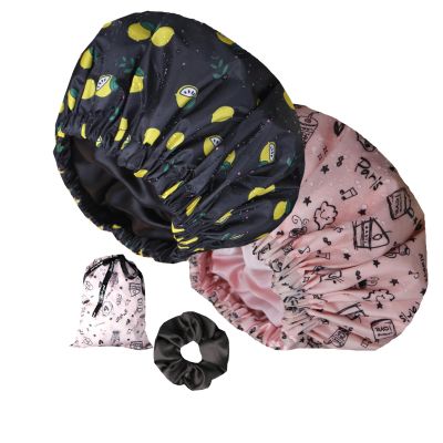 2Pcs Shower Cap with Satin Interior, Extra Large&Reusable&Waterproof Shower Cap for Women, Adjustable &Double Layers &Reversible Shower caps (pink+black flower)