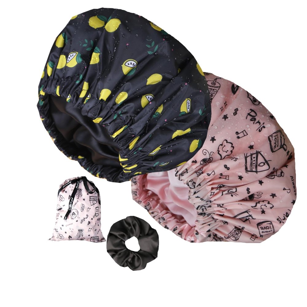 2Pcs Shower Cap with Satin Interior, Extra Large&Reusable&Waterproof Shower Cap for Women, Adjustable &Double Layers &Reversible Shower caps (pink+black flower)