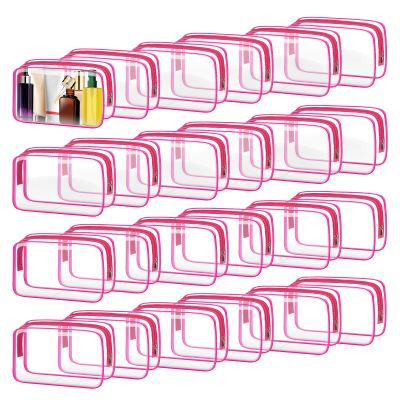TISRATOK 24 PCS Clear Toiletry Bag for Women Men, Transparent Cosmetic Bag for Travel Makeup Organizer TSA Approved Pouch - Rose Red, Medium