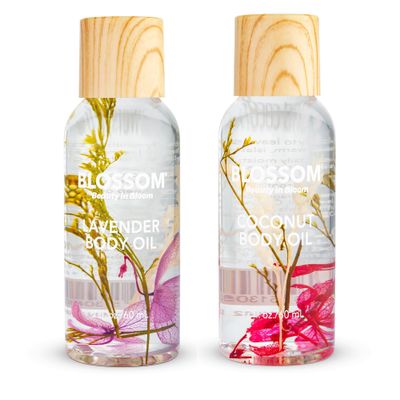 Blossom Skincare Moisturizing and Hydrating Body Oil, Dry Oil Infused wtih Real Flowers, 4floz/120ml, 2 Pack Bundle, Coconut/Lavender