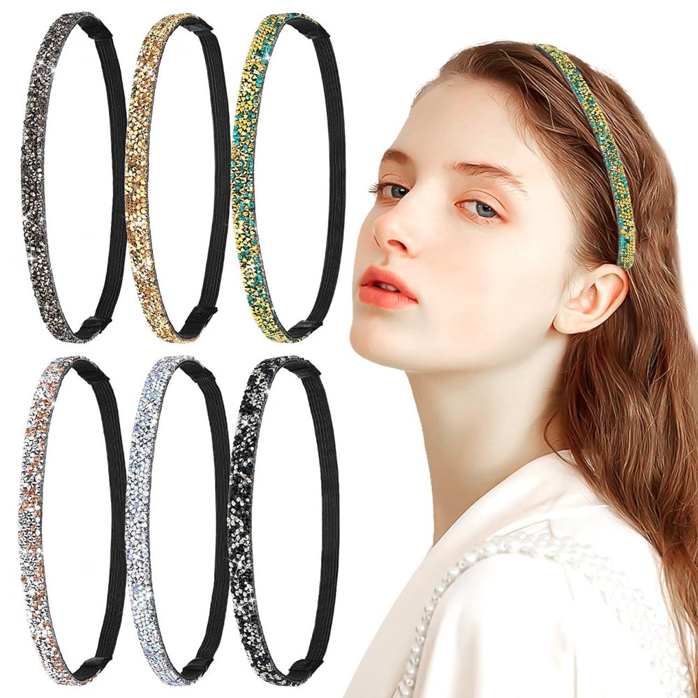 Beaupretty Rhinestone Thin Elastic Headbands Set of 6 Lightweight Decorative Hair Bands for Women Non-Slip Sparkly Hair Accessories for Weddings Parties Everyday