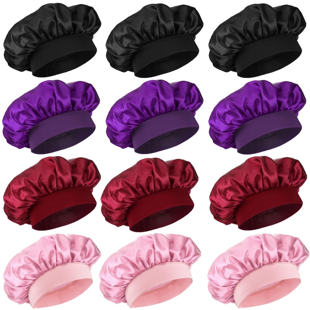 12 Pieces Silk Bonnet for Women Curly Hair Satin Bonnet Hair Wrap for Sleeping Cap with Tie Band (Multicoloured4)