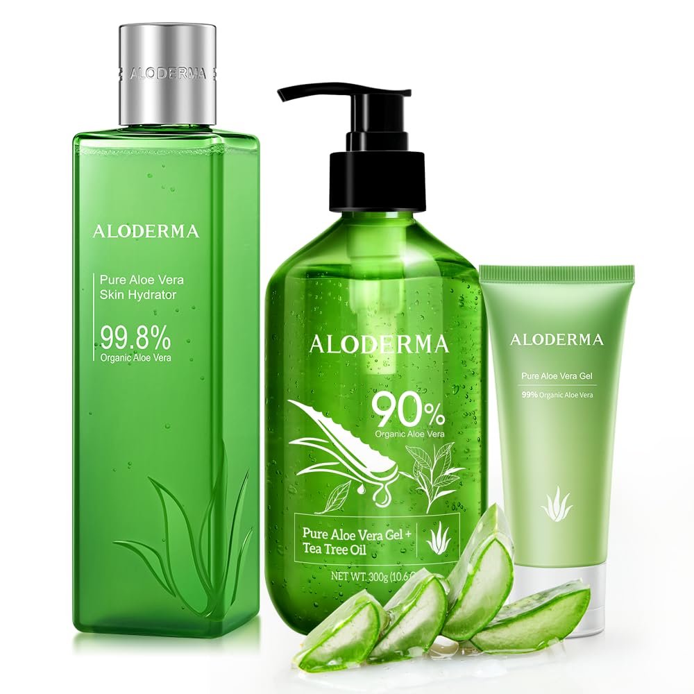 All Purpose Aloe Vera Gel Set - 3 Pieces - Skin Hydrator, 300g Aloe Vera Gel + Tea Tree Oil & 45g Aloe Gel Travel Size