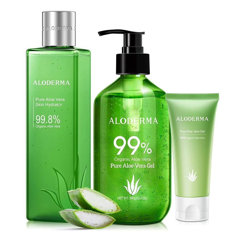 Aloderma All Purpose Aloe Vera Gel Set - 3 Pieces - Skin Hydrator, 300g Aloe Vera Gel & 45g Aloe Gel Travel Size