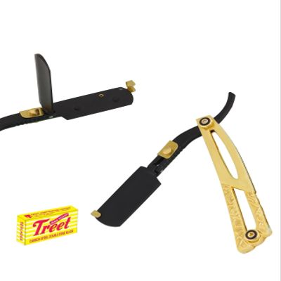 Everyday Use Shaving Grooming Straight Edge Mustache Shaving Razor with Free Blade Cut-Throat Shaving Knife Gold and Black
