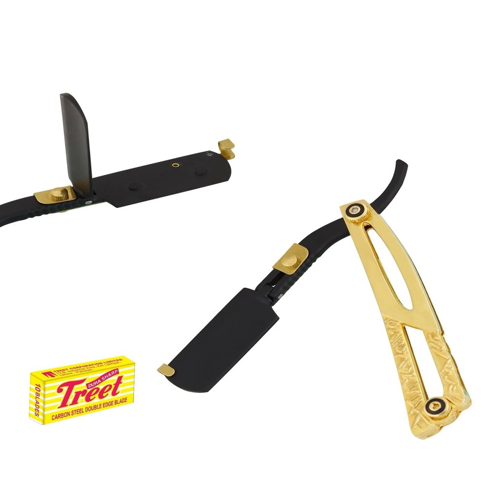 Everyday Use Shaving Grooming Straight Edge Mustache Shaving Razor with Free Blade Cut-Throat Shaving Knife Gold and Black