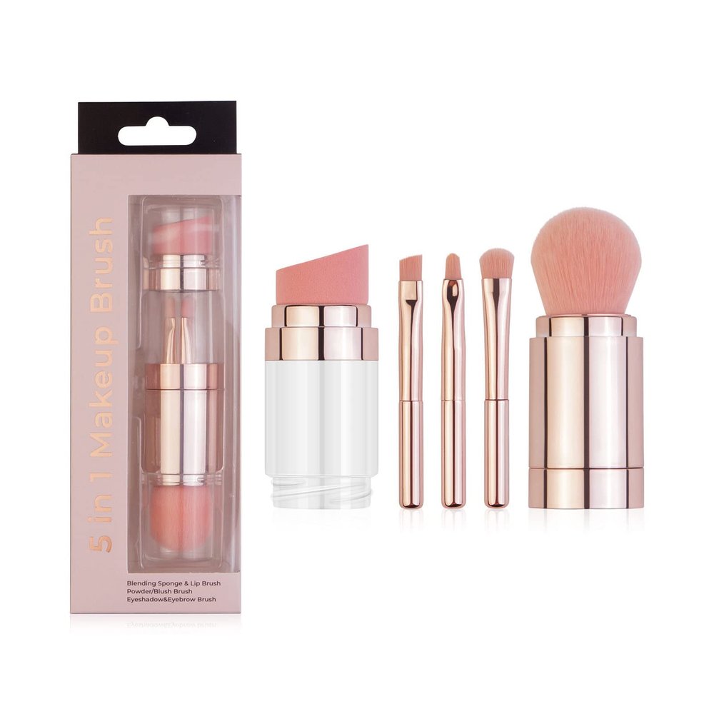 Makeup Brush Set, Portable Travel Lip Brush, Highlight Brush, Eyeshadow Brush, Eyebrow Brush, Loose Powder Brush, 5 in 1 Mini Facial Cosmetic Makeup Brush Set (Electroplated Rose Gold)